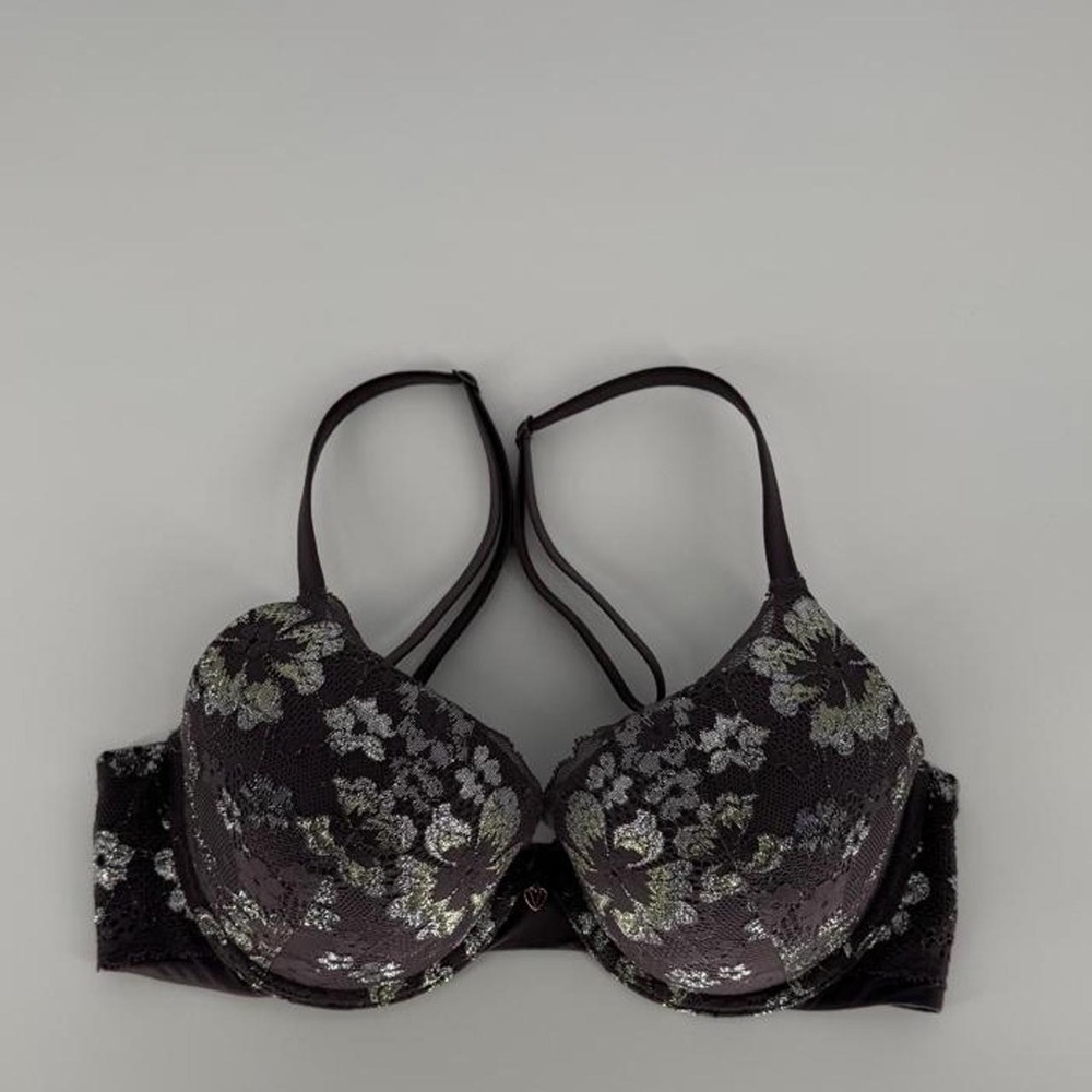 Victorias Secret Black Silver Floral Lace Embroidery Bra 34C Underwire Lingerie